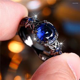 Wedding Rings Cute Female Blue Zircon Stone Round Flower Engagement Ring Trendy Black Gold Colour Bride Jewellery Gift For Women