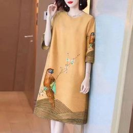 Party Dresses Women Summer Dress Three Quarter Sleeves Retro Loose Parrot Print Ice Silk Knee Length Pullover Commute Office Midi