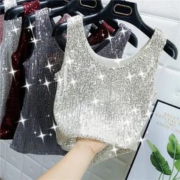 Women's Tanks Sparkling Sequins Round Neck Vest Outer Wear 2024 Summer Bright Silk Fashion Glitter Bottoming Shirt Suspender Top