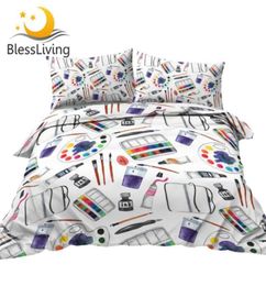 BlessLiving Art Supplies Bedding Set Watercolour Duvet Cover Paints Palette Bed Set King Brushes Ink Bedclothes Bedroom Decor9185459