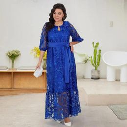 Casual Dresses Women Evening Dress Plus Size See-through Lace Hollow Out Double-layered Belted Waist Round Neck Embroidery Party Maxi