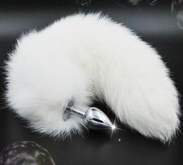 Stainless Steel Anal Plug With White Fox Tail Butt Plug 35Cm Long Of Sex Toys For Adult Products6332814