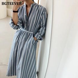 Casual Dresses BGTEEVER Stylish V-neck Drawstring Striped A-line Dress Women Long Sleeve Pockets Single-breasted Female Midi