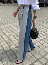 Women's Jeans Korean High Waist Double Pocket Pants Wide Leg Full Length Patchwork Blue For Women Loose Denim Slouchy Mom