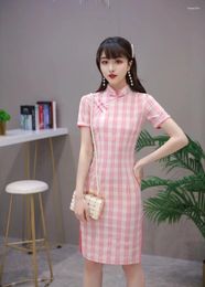 Ethnic Clothing Women Pink Summer Cotton Cheongsam Plaid Chinese National Short Dress Vintage Traditional Improved Girl Casual Qipao