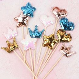 Party Supplies 5pcs Lovely Sequins Heart Star Crown Cake Topper For Birthday Cupcake Flag Baby Shower Wedding Decoration