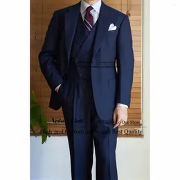 Men's Suits Formal Navy Blue Male Prom Blazers 3 Pieces Sets Notched Lapel Groom Wedding Tuxedos For Men Slim Fit Business Terno Masculino