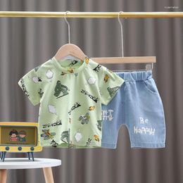 Clothing Sets Two Piece Set/Boys 2024 Summer Full Print Cartoon Cactus Short Sleeve Letter Jeans