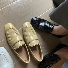 Casual Shoes Solid Cowhide Loafers Women Vintage Square Toe Flat Pumps Comfortable Wear-resistant Zapatos Mujer Feminino
