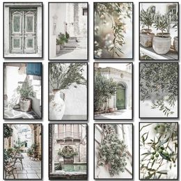 n minimalist wall art Italian olive tree branches leaving behind architecture canvas painting poster printing home room decoration J240505