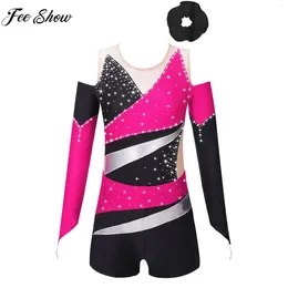 Clothing Sets 6-16Y Kids Girls Ballet Dance Gymnastics Leotard Figure Skating Costume Rhinestone Mesh Bodysuit With Shorts Hair Band