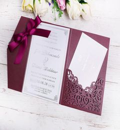 2020 New 3 Folds Wedding Burgundy Invitations Cards With Burgundy Ribbons For Wedding Bridal Shower Engagement Birthday Graduation8696738
