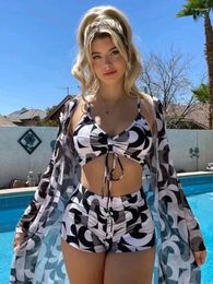 Women's Swimwear Beachwear Split Body 3-pcs Set Swimsuit Drawstring Bathing Suit High Waisted Long Sleeved Thin Cover Shirt Spring Summer