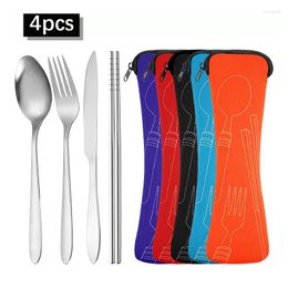 Dinnerware Sets 4pcs Portable Stainless Steel Cutlery Set Knife Fork Spoon And Chopsticks Suitable For School Travel Camping Work