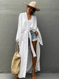 Solid Beach Cover Up Women Self Belted Wrap Kimono Dress Swimsuit Robe Summer Beachwear Factory Supply240416
