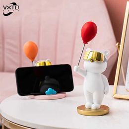 Decorative Objects Figurines Cartoon Balloon Bear Phone Stand Resin Charms Cute Miniatures Home Decoration Accessories Living Room T240505