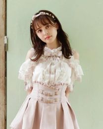 Women's Blouses Japanese Lolita Style Sweet Off-Shoulder Lace Ruffle Sleeve Color-Blocking Bow Shirt Short Women Blusas Top