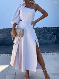 Casual Dresses Puff Sleeve Loungewear Fashion Maxi Dress Women Summer Elegant Skew Collar Holiday One Off Shoulder Solid Ladies