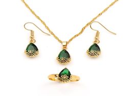 18K Solid Gold Filled Pendant Necklace Earrings Ring Water Drop green Crystal Jewellery Set cz big Rec Gem with 78965223094335