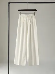 Women's Pants Top End 2024 Women Chinese Style Cotton White Pant Elegant Lady All Match Elastic Waist Wide Leg Trousers