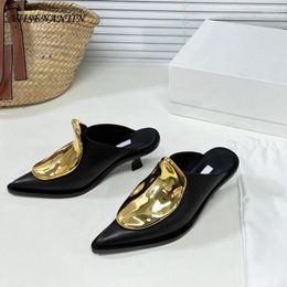 Slippers Genuine Leather Metal Decoration Women Half Pointed Toe Kitten Heel Slip On Mules Shoes 2024 Spring Summer Party Slides