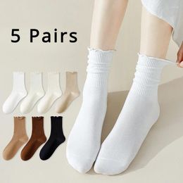 Women Socks 5 Pairs Summer Thin Middle Tube Cotton High Quality Sports Crew Cute White Black Japanese Korean