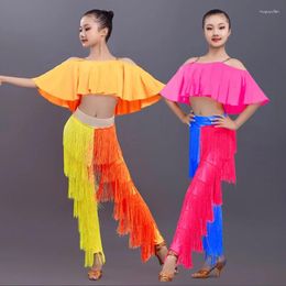 Stage Wear Latin Dance Clothing Set Girls Yellow Cropped Tops Fringed Trousers Suit Children Performance Dress Competition Costume 3482