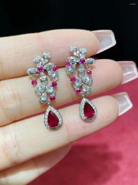 Dangle Earrings Natural Ruby Drop Earring 18K White Gold With Diamond Genuine Luxury Jewellery Fine Women High Quality