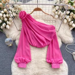Women's Blouses Chiffon Shirt Spring Sexy Skew Collar Off Shoulder Irregular Tops Three-Dimensional Flower Folds Long Sleeve