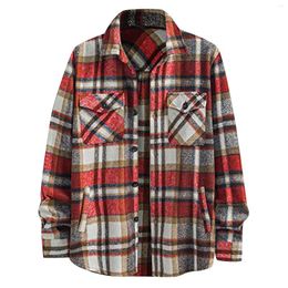 Men's Casual Shirts Long-Sleeved Male Shirt Light Lapel Plaid Jacket Top For Man Colour Matching Fashion Pocket Ropa Hombre