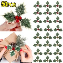 Decorative Flowers Christmas Artificial Holly Berry Green Leaves Ornaments Gold Red Stems Xmas Wreath Gifts Wedding Party Decoration