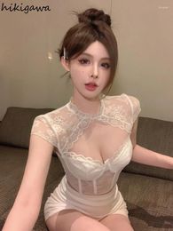 Women's T Shirts Sexy Tshirts Clothing Patchwork Lace Summer Tees Crop Tops 2024 Ropa Mujer Slim Waist Hollow Out Shirt Korean