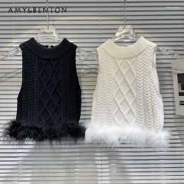 Women's Tanks Fall 2024 Cartoon Socialite Feather Burr Stitching Thread Knitted Vest Camisole Female Y2k Top Sweater Clothes