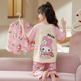 Pijama infantil de algodão de verão Girlos de desenho animado Melody Princess Girls Summer Summer Sleeved Três peças Desgaste em casa