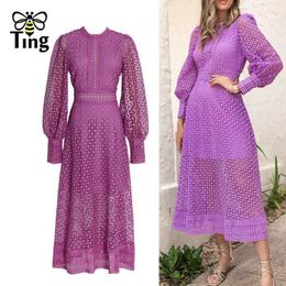 Basic Casual Dresses Tingfly Designer Fashion EMBroidery Lace Hollow Cut Party Dinner Dress Line High Quality Lantern Sleeves Boutique Robe Q240430