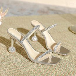 Sandals 2024 Spring Open Toe Square Head Sexy Crystal Outwear Slippers For Women With Diamond High Heel