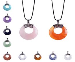 Circle Donut Healing Crystals Necklace Natural gemstone Chakra Amulet Lucky Coin Charm Protection Quartz Reiki Pendant Men Women8903262