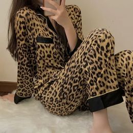 Pyjamas for Women Spring Autumn Korean Cardigan Long Sleeved Sexy Leopard Print Home Clothing Set Milk Silk 240428