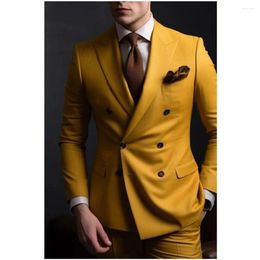 Men's Suits Mustard Yellow Mens Double Breasted Peaked Lapel Businees Male Blazer Pant 2 Pieces Wedding Prom Costume Pour Homme