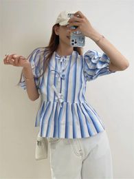 Women's Blouses Women Contrast Color Striped Loose Shirt 2024 Bow Lace-Up Round Neck Short Puff Sleeve Ladies Ruffles Sweet Tops