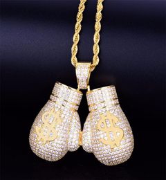 Dollor Symbol Boxing Gloves Pendant Necklace With Rope Chain A Cubic Zircon Men039s Women Hip hop Rock Jewelry4986968