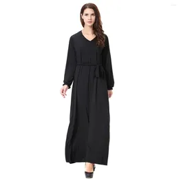 Ethnic Clothing M-XL Muslim Lady V Neck Long Sleeves Black Abaya Arab Women Solid Color Loose Ramadan Ankle Length Robe Maxi Dress