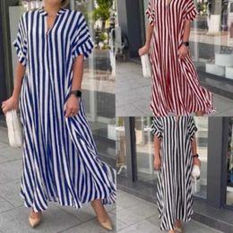 Basic Casual Dresses Womens fashion casual temperament V-neck side slit stripes loose casual short-slved dress long skirt T240505