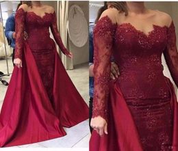 Burgundy Mermaid Evening Dresses With overskirt detachable train Sheer Neck Sequins Long Sleeves Prom Dress Satin And Lace Party5733437
