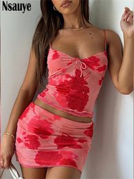 Work Dresses Nsauye Fashion Summer Beach Women Skirt In Matching Set 2024 Mesh Y2K Crop Tops Floral Sexy Club Dress Two Piece