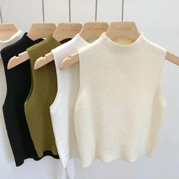 Women's Tanks Women Sexy Fashion Knitted Cropped T-Shirt Sleeveless Outerwear Half-turtleneck Slim Female Tops Soft Breathable Vest