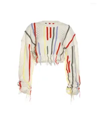 Women's Jeans Women S Autumn Short Sweater Colorful Stripe Long Sleeve Round Neck Loose Knit Pullover With Tassel Decoration