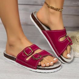 Slippers Outdoor Cork For Women Sandals Lady Round Head Flat Bottom Belt Buckle Beach Slides Female Anti Slip Comfortable Shoes