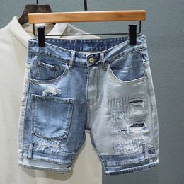 Slim Straight Jeans Shorts Men Personality Multi Pocket Mixed Colour Stitching Patch Ripped Hole Denim Shorts Male Streetwear 240429