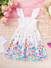 Clothing Sets Kids Girl Summer Princess Dress Flutter Sleeve Flower Print Bow Dresses Sweet Vacation Party Costume For Children 4-7 Years